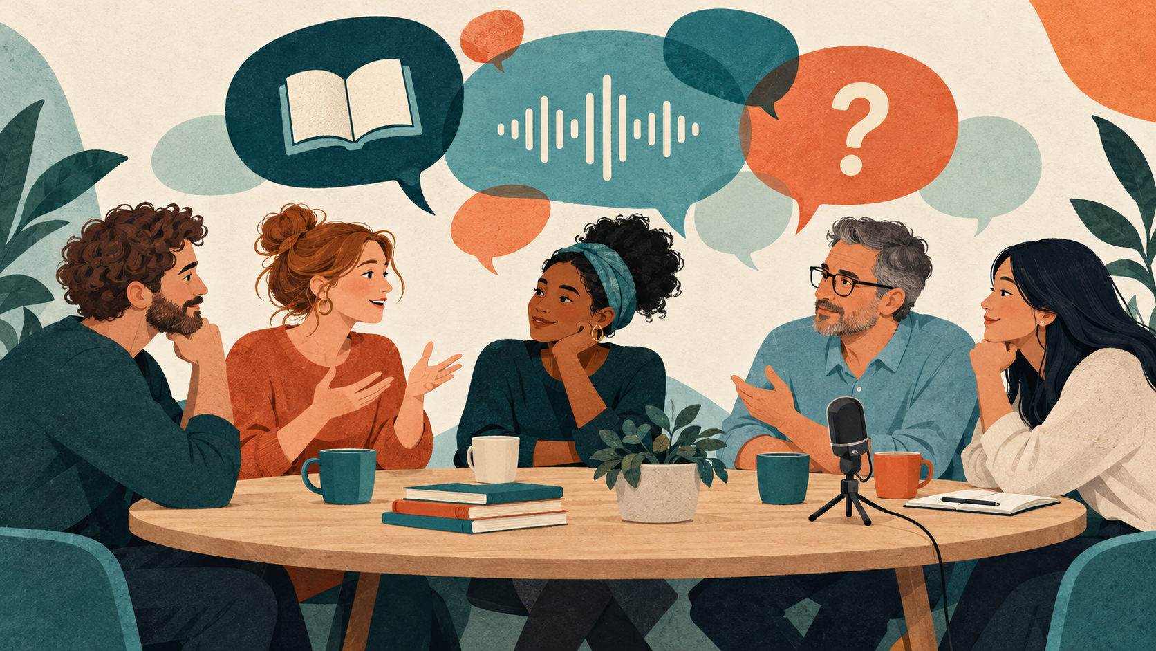Illustration von fünf Menschen im Gespräch an einem Tisch. Darüber stehen Sprechblasen mit einem Buch, einer Audiowelle und einem Fragezeichen.